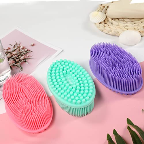 Silicone Body Scrubber Loofah - Set of 3 Soft Exfoliating Body Bath Shower Scrubber Loofah Brush for Sensitive Kids Women Men All Kinds of Skin(Purple/Green/Pink)