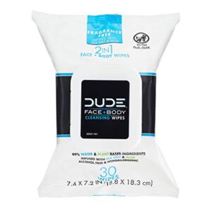 dude wipes face and body wipes – 1 pack, 30 wipes – unscented wipes with sea salt & aloe – 2-in-1 body & face wipes – alcohol free and hypoallergenic cleansing wipes