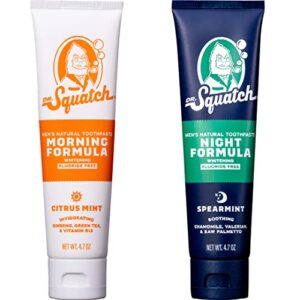 dr. squatch teeth whitening toothpaste kit – day and night flouride free natural toothpaste (1 citrus mint + 1 sooth spearmint tooth paste) 4.7 oz tubes