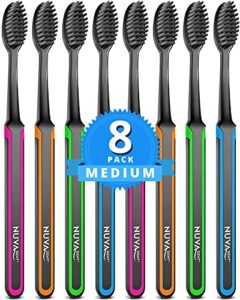 nuva dent charcoal toothbrushes medium – charcoal toothbrush, activated charcoal toothbrush super soft, toothbrush charcoal, teeth whitening charcoal tooth brush – adults & kids – 8 pc, medium