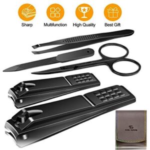 Manicure Pedicure Kit Nail Clippers Set Fingernails & Toenails Vibrissac Scissor 5 Pieces Best Care Tools for Man & Women with Travel Case (Gray/black_A)