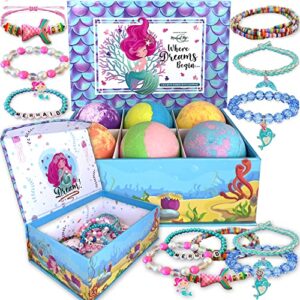 Mermaid Bath Bombs for Girls with Jewelry Inside Plus Jewelry Box for Kids. All Natural and Organic - Easter Basket for Girls Bath Bombs, Skin moisturizing Bubble Bath Fizzies with Surprise Toys