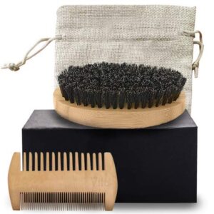 vila beard brush and comb set, bamboo brush with boar bristles and pear wood comb combo, beard shaping and styling tools for both wet and dry hair, includes sturdy burlap sack, travel grooming kit