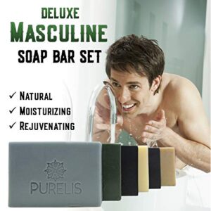 Purelis Mens Soap Bar Gift Set. Set of 6 Aromatherapy, Moisturizing Soap Bars. Natural. Organic Ingredients. Deep Cleansing, Repairs Skin. Handmade Face, Hand, Body Soap for Men. Sulfate Free!