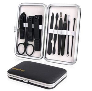 manicure set, travel mini nail clippers kit pedicure care tools, 10pcs stainless steel grooming kit (black)