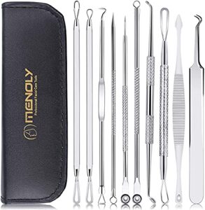 pimple popper tool kit,menoly 10pcs blackhead remover tools,pimple extractor,acne tools,acne kit for blackhead,blemish,zit removing,whitehead popping and comedone extractor tool with leather bag