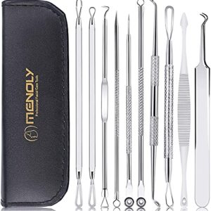 Pimple Popper Tool Kit,MENOLY 10Pcs Blackhead Remover Tools,Pimple Extractor,Acne Tools,Acne Kit for Blackhead,Blemish,Zit Removing,Whitehead Popping and Comedone Extractor Tool with Leather Bag