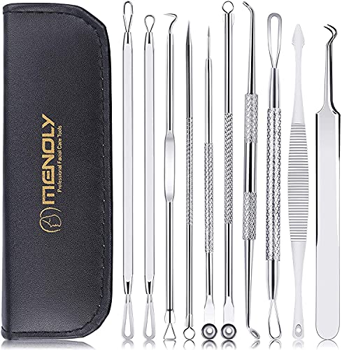 Pimple Popper Tool Kit,MENOLY 10Pcs Blackhead Remover Tools,Pimple Extractor,Acne Tools,Acne Kit for Blackhead,Blemish,Zit Removing,Whitehead Popping and Comedone Extractor Tool with Leather Bag