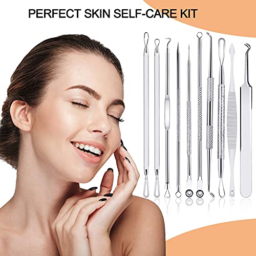 Pimple Popper Tool Kit,MENOLY 10Pcs Blackhead Remover Tools,Pimple Extractor,Acne Tools,Acne Kit for Blackhead,Blemish,Zit Removing,Whitehead Popping and Comedone Extractor Tool with Leather Bag