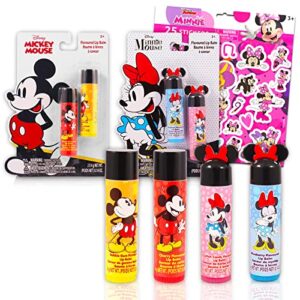 classic disney disney mickey and minnie mouse lip balm tubes – bundle with 4 lip balms in assorted flavors for party favors plus over 500 minnie stickers (disney lip balm for girls)