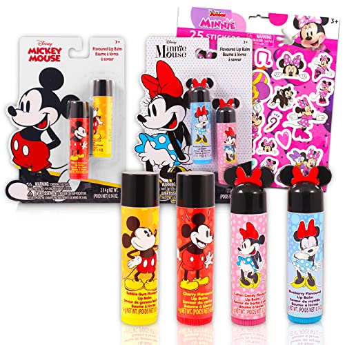 Classic Disney Disney Mickey and Minnie Mouse Lip Balm Tubes - Bundle with 4 Lip Balms in Assorted Flavors for Party Favors Plus Over 500 Minnie Stickers (Disney Lip Balm for Girls)