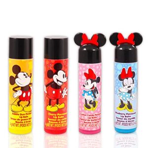 Classic Disney Disney Mickey and Minnie Mouse Lip Balm Tubes - Bundle with 4 Lip Balms in Assorted Flavors for Party Favors Plus Over 500 Minnie Stickers (Disney Lip Balm for Girls)