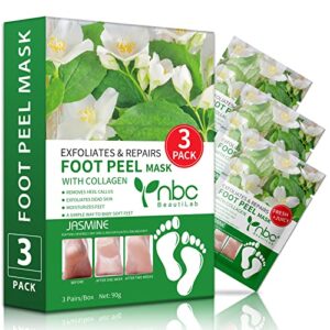 foot peel mask, exfoliating foot masks for dry, cracked feet, callus, dead skin remover foot peeling masks for baby soft feet repair rough heels, 3 pairs, jasmine