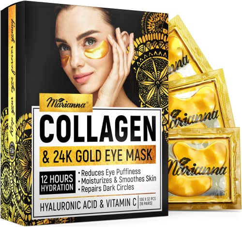 24K Gold Under Eye Masks for Puffy Eyes, Dark Circles & Bags - Collagen Gel Eye Pads with Hyaluronic Acid & Vitamin C - Moisturizing & Smoothing - Reduces Wrinkles - 16 Pairs, Pack of 1