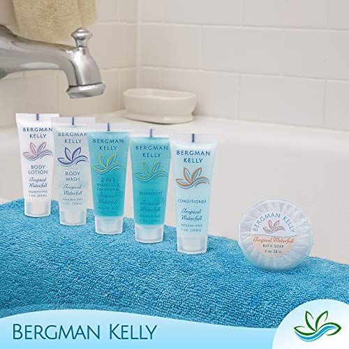 BERGMAN KELLY Hotel Toiletries Bundle (Tropical Waterfall, 1 oz each, 100 Pcs) 4-Piece Set: 25 Rectangular Bar Soap, 25 Shampoo, 25 Conditioner & 25 Body Lotion - Bulk Mini Guest Amenities Supply