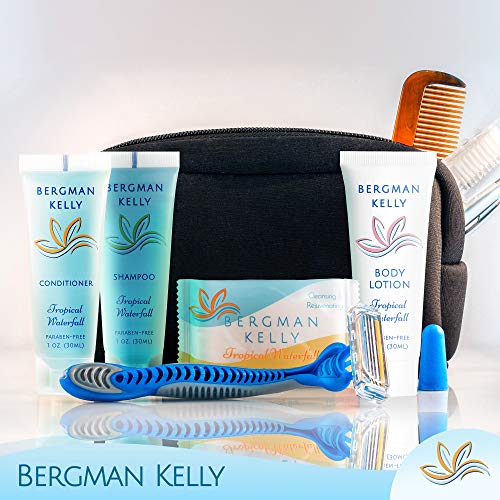 BERGMAN KELLY Hotel Toiletries Bundle (Tropical Waterfall, 1 oz each, 100 Pcs) 4-Piece Set: 25 Rectangular Bar Soap, 25 Shampoo, 25 Conditioner & 25 Body Lotion - Bulk Mini Guest Amenities Supply