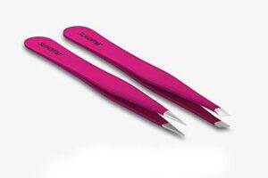 suvorna 4″ precision aligned professional tweezers color sets with premium stainless steel. one sharp pointed pair and one slant tip pair for eyebrow shaping. great for ingrown hair (pink)