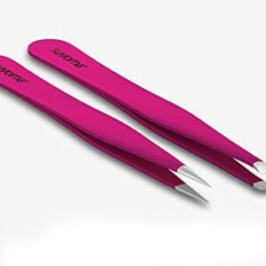 Suvorna 4" Precision Aligned Professional Tweezers Color Sets with Premium Stainless Steel. One Sharp Pointed Pair and One Slant Tip Pair for Eyebrow Shaping. Great for Ingrown Hair (Pink)