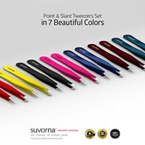 Suvorna 4" Precision Aligned Professional Tweezers Color Sets with Premium Stainless Steel. One Sharp Pointed Pair and One Slant Tip Pair for Eyebrow Shaping. Great for Ingrown Hair (Pink)