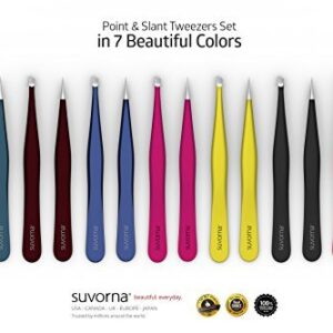 Suvorna 4" Precision Aligned Professional Tweezers Color Sets with Premium Stainless Steel. One Sharp Pointed Pair and One Slant Tip Pair for Eyebrow Shaping. Great for Ingrown Hair (Pink)