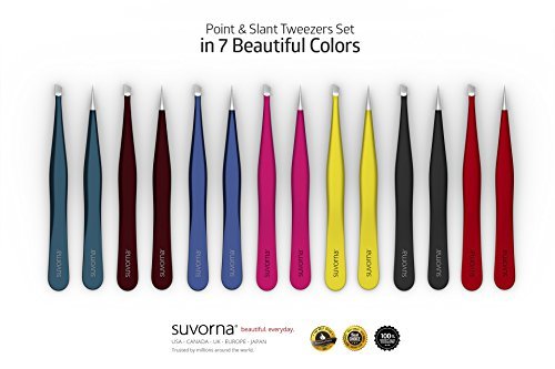 Suvorna 4" Precision Aligned Professional Tweezers Color Sets with Premium Stainless Steel. One Sharp Pointed Pair and One Slant Tip Pair for Eyebrow Shaping. Great for Ingrown Hair (Pink)