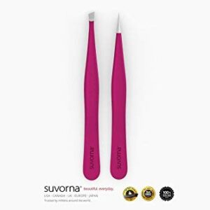 Suvorna 4" Precision Aligned Professional Tweezers Color Sets with Premium Stainless Steel. One Sharp Pointed Pair and One Slant Tip Pair for Eyebrow Shaping. Great for Ingrown Hair (Pink)