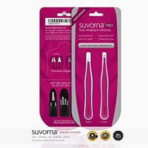 Suvorna 4" Precision Aligned Professional Tweezers Color Sets with Premium Stainless Steel. One Sharp Pointed Pair and One Slant Tip Pair for Eyebrow Shaping. Great for Ingrown Hair (Pink)