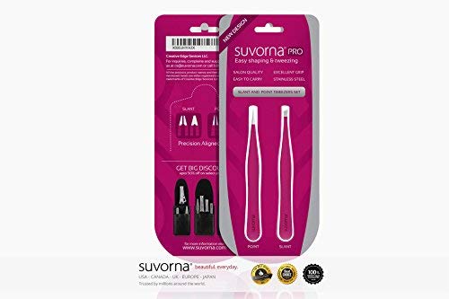 Suvorna 4" Precision Aligned Professional Tweezers Color Sets with Premium Stainless Steel. One Sharp Pointed Pair and One Slant Tip Pair for Eyebrow Shaping. Great for Ingrown Hair (Pink)