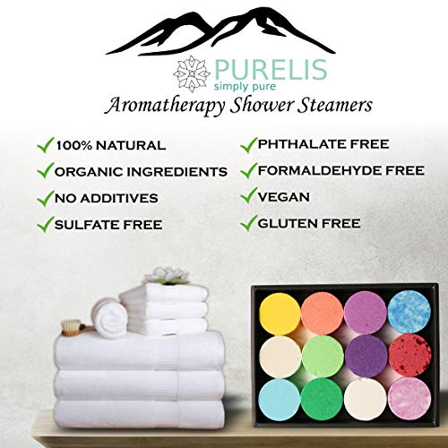 Purelis Shower Steamer Gift Box. Set of 12 Aromatherapy Shower and Bath Bombs Individually Wrapped. Organic Shower Steamer Tablets and Essential Oil Shower Steamers for Spa Gift Set