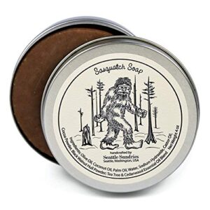seattle sundries | sasquatch soap bar natural skin care, 1 (4oz) handmade soap bar in a recyclable travel tin, woodsy scent – camp & bigfoot gift idea.