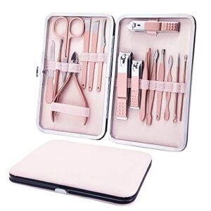 shicen manicure set, professional nail clippers kit, pedicure care tools, professional women grooming kit -premium stainless steel with pink travel case set 16pc great gift(rose gold)