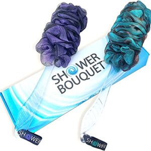 loofah-charcoal back-scrubbers color-2-pack-by-shower-bouquet: long-handle bath-sponge-brushes with extra large soft mesh for men & women – exfoliating full pure cleanse in bathing accessories