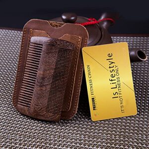 Beard Comb and Mustache Comb for Men Beard Comb for Men Great for Head Hair Beard Grooming Premium Black Gold Sandalwood The Right Size Tooth of a Comb Teeth 2 Colors and a real Leather case Gift Package Design (dark brown)