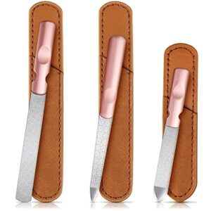3 pieces stainless steel nail files with leather case, double sided metal nail files with anti-slip handle, metal nail file buffer manicure pedicure tools for fingernail toenail (rose gold)