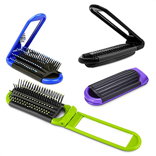 4Pcs Portable Hair Brush Folding - Travel Brush for Women Mini Hair Brush Set With Mirror - Compact Hair Brushes for Women Travel Hair Brush for Men Pocket Brush Hair Styling Tools for Toiletry Bag