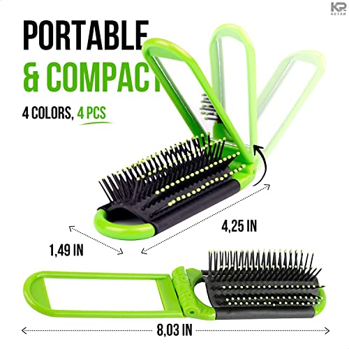 4Pcs Portable Hair Brush Folding - Travel Brush for Women Mini Hair Brush Set With Mirror - Compact Hair Brushes for Women Travel Hair Brush for Men Pocket Brush Hair Styling Tools for Toiletry Bag