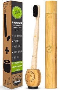 bamboo charcoal toothbrush with travel case & holder kit – extra soft natural bristles for sensitive teeth | eco friendly portable wooden travel set | organic single wood toothbrushes stand & cover