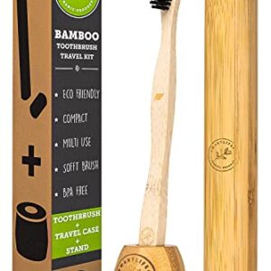 Bamboo Charcoal Toothbrush With Travel Case & Holder Kit - Extra Soft Natural Bristles For Sensitive Teeth | Eco Friendly Portable Wooden Travel Set | Organic Single Wood Toothbrushes Stand & Cover