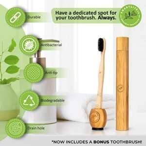 Bamboo Charcoal Toothbrush With Travel Case & Holder Kit - Extra Soft Natural Bristles For Sensitive Teeth | Eco Friendly Portable Wooden Travel Set | Organic Single Wood Toothbrushes Stand & Cover