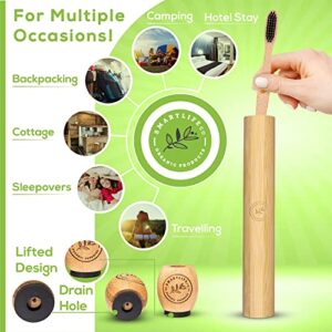 Bamboo Charcoal Toothbrush With Travel Case & Holder Kit - Extra Soft Natural Bristles For Sensitive Teeth | Eco Friendly Portable Wooden Travel Set | Organic Single Wood Toothbrushes Stand & Cover