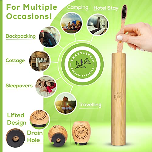 Bamboo Charcoal Toothbrush With Travel Case & Holder Kit - Extra Soft Natural Bristles For Sensitive Teeth | Eco Friendly Portable Wooden Travel Set | Organic Single Wood Toothbrushes Stand & Cover