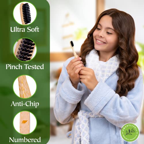 Bamboo Charcoal Toothbrush With Travel Case & Holder Kit - Extra Soft Natural Bristles For Sensitive Teeth | Eco Friendly Portable Wooden Travel Set | Organic Single Wood Toothbrushes Stand & Cover