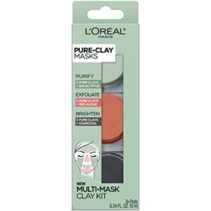l’oréal paris skincare pure-clay face mask trial size set, includes 3 different face masks made with charcoal, red algae and eucalyptus, set
