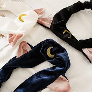 Linsennia 3 PCS Headbands for Women Cat Ears Moon Girls Makeup Elastic Hair Head Bands for Washing Face Spa Kawaii (White+Black+Navy Blue)