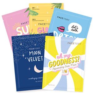 facetory collection facial mask set – hydrating, purifying, soothing, moisturizing, revitalizing – soft, form-fitting face masks, for all skin types, pack of 5 sheet masks