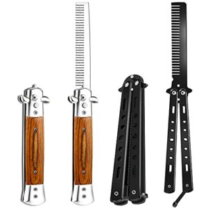 2 pieces wood grain switchblade blade comb pocket hair brush automatic push button brush and folding butterfly comb stainless steel training practice comb outdoor practice comb (black)