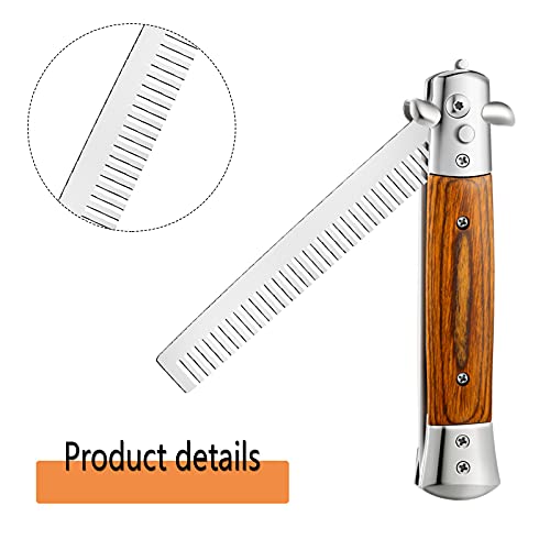 2 Pieces Wood Grain Switchblade Blade Comb Pocket Hair Brush Automatic Push Button Brush and Folding Butterfly Comb Stainless Steel Training Practice Comb Outdoor Practice Comb (Black)