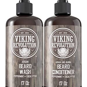 Viking Revolution Beard Wash & Beard Conditioner Set w/Argan & Jojoba Oils – Softens, Smooths & Strengthens Beard Growth - Natural Peppermint and Eucalyptus Scent - Beard Shampoo w/Beard Oil (17 oz)