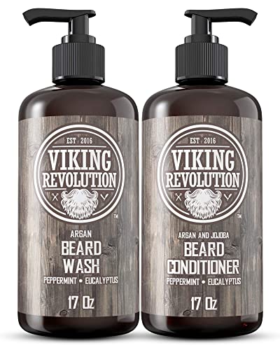 Viking Revolution Beard Wash & Beard Conditioner Set w/Argan & Jojoba Oils – Softens, Smooths & Strengthens Beard Growth - Natural Peppermint and Eucalyptus Scent - Beard Shampoo w/Beard Oil (17 oz)