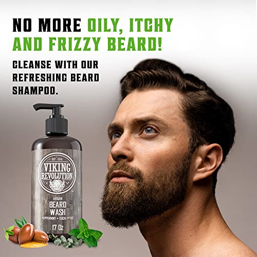 Viking Revolution Beard Wash & Beard Conditioner Set w/Argan & Jojoba Oils – Softens, Smooths & Strengthens Beard Growth - Natural Peppermint and Eucalyptus Scent - Beard Shampoo w/Beard Oil (17 oz)